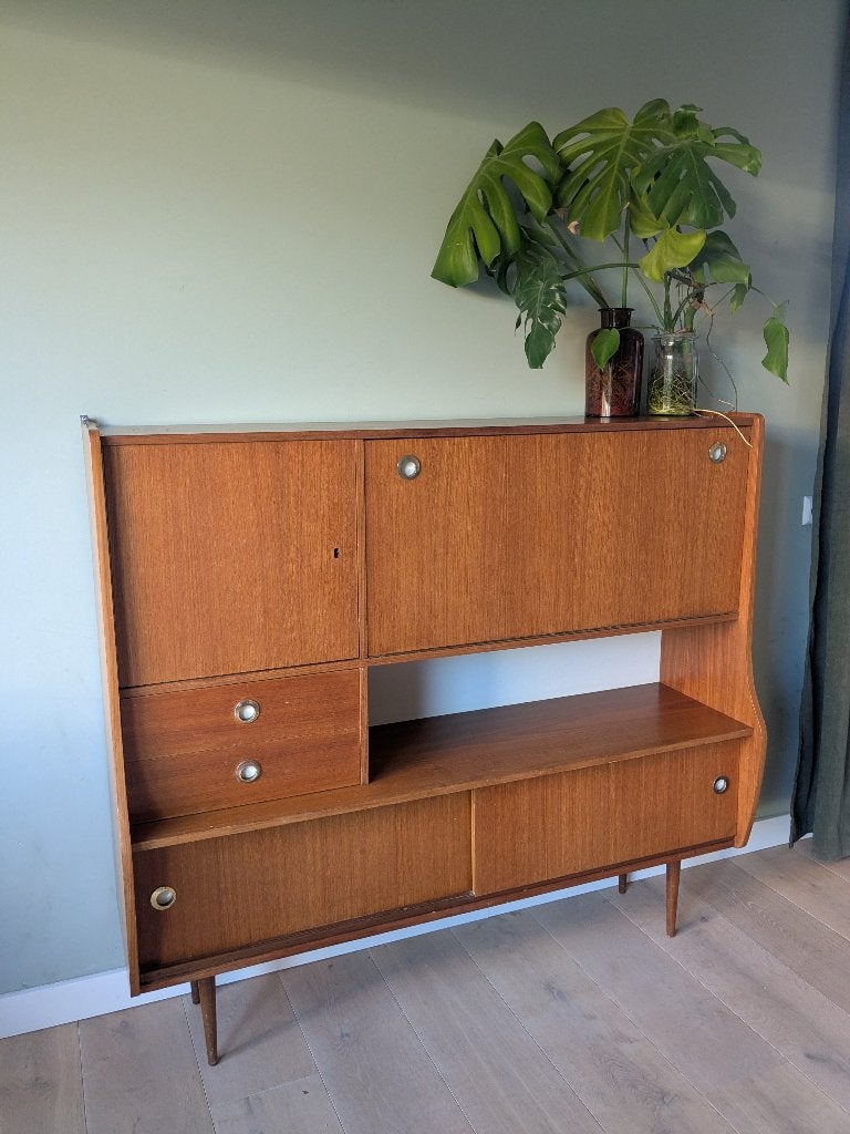 Teak fineer higboard pastoe kast, Ophalen, Gebruikt, 100 tot 150 cm, Teakhout