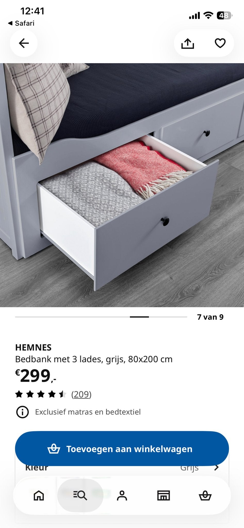 IKEA Hemnes Bedbank Grijs met 3 Lades, Ophalen, Gebruikt, Eenpersoons, 80 cm