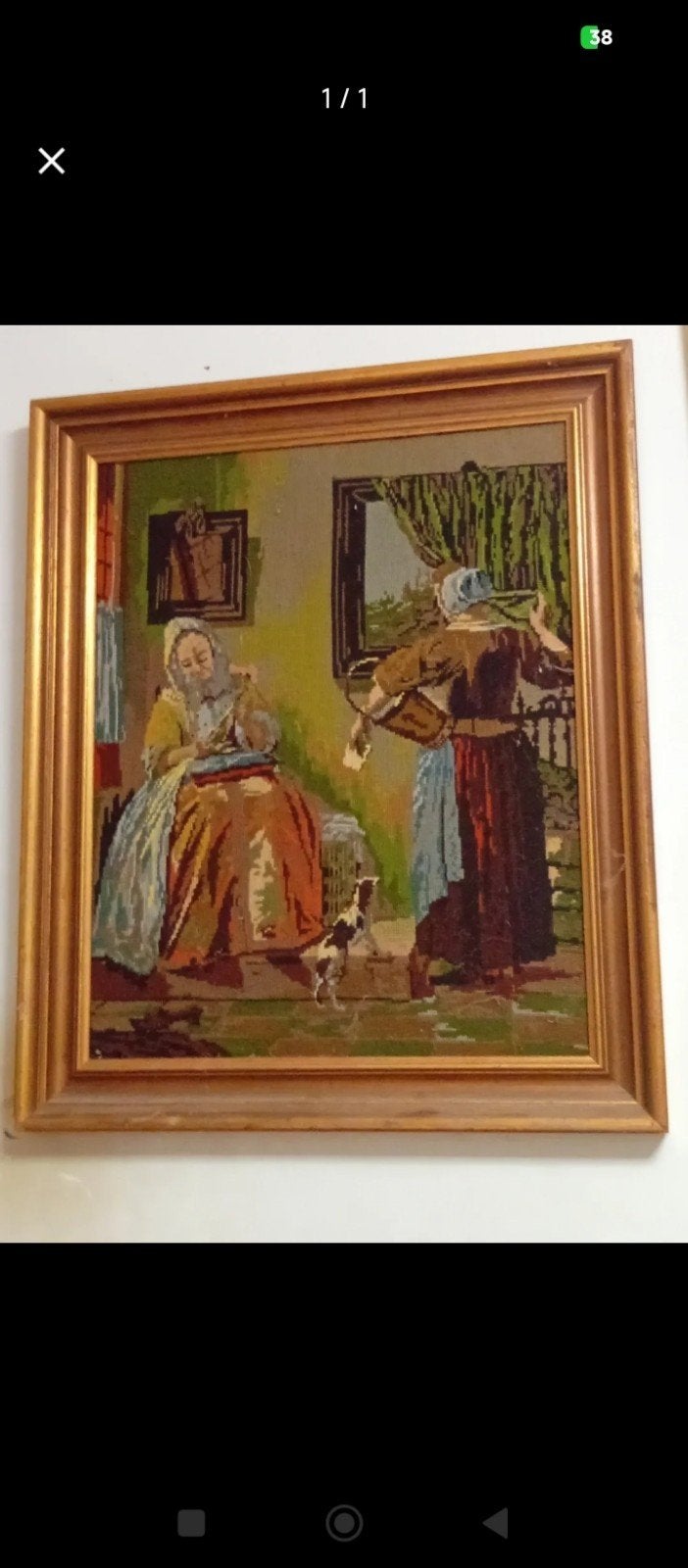 Antiek wandtapijt: Vrouw aan het weefgetouw met hond, Antiek en Kunst, Ophalen