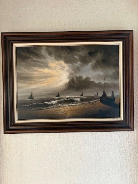 Zeegezicht....Katwijkse tjalken aan de kust, Antiek en Kunst, Ophalen, Doek, Ingelijst, Maritiem / water