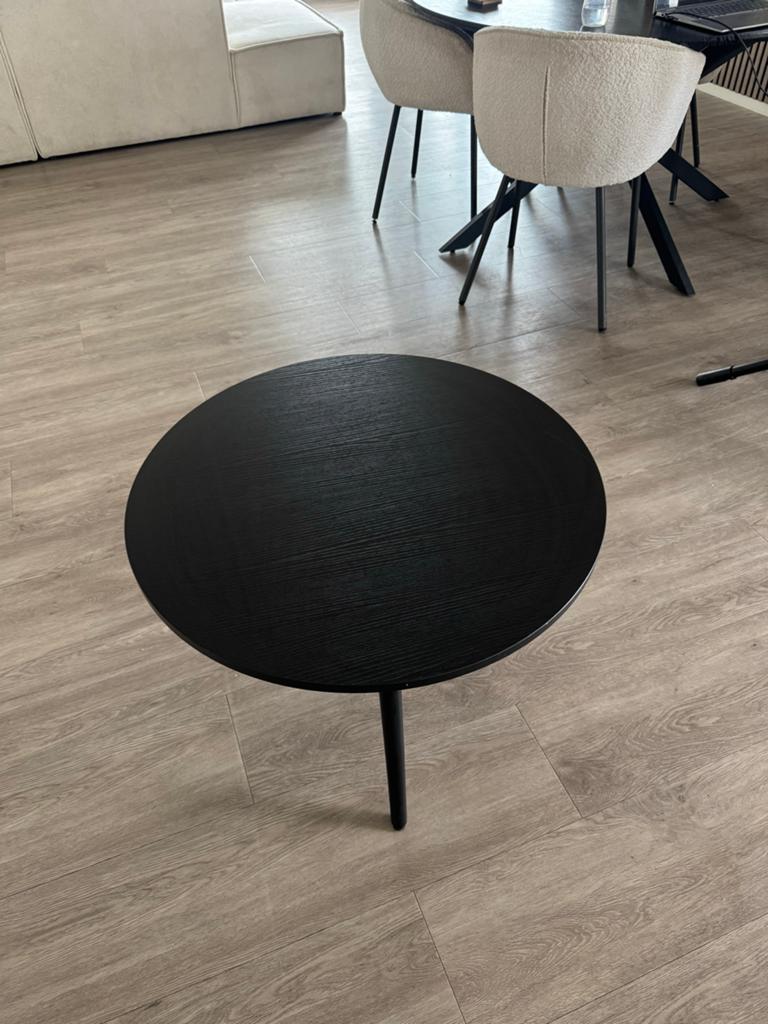 Zwarte salontafel met houtlook, 3 poten, diameter 75 cm, Ophalen, Rond, Nieuw, 50 tot 100 cm