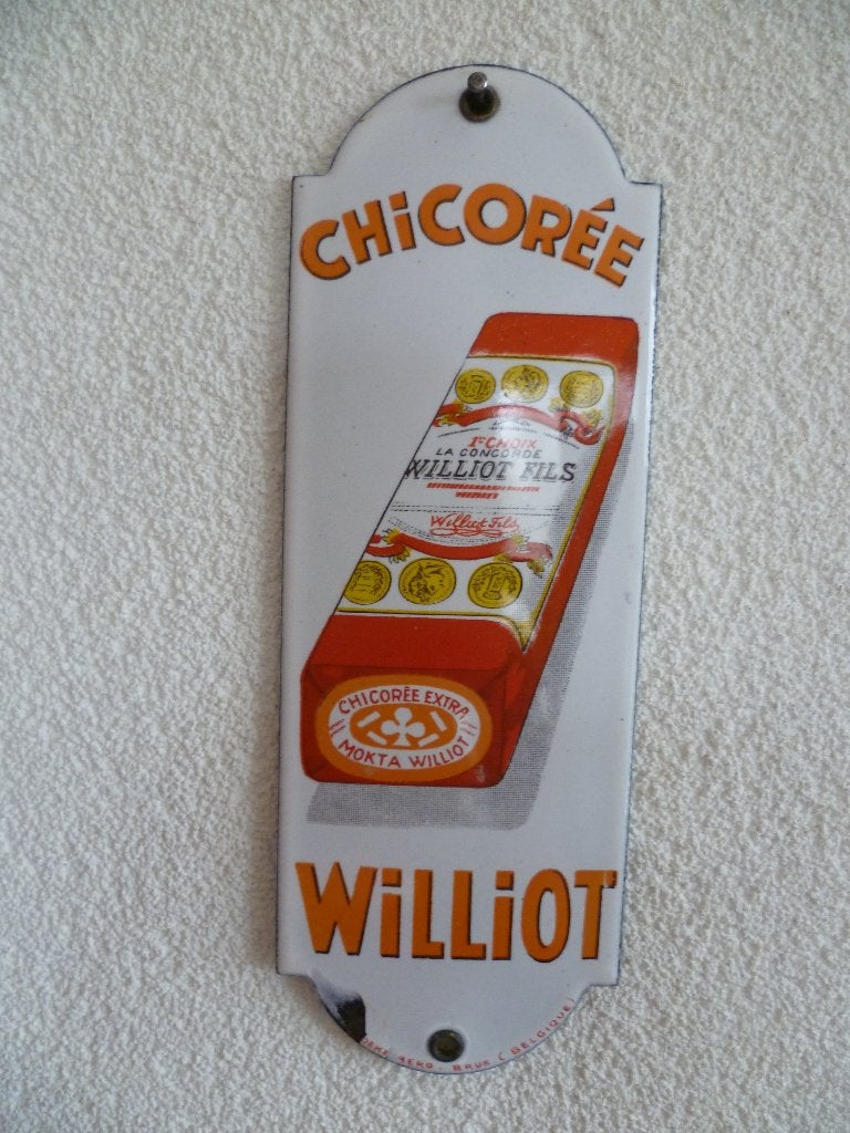 EMAILLE DEURPOST BORDJE"CHICOREE WILLIOT"UIT JAREN 30, Ophalen of Verzenden, Gebruikt, Reclamebord