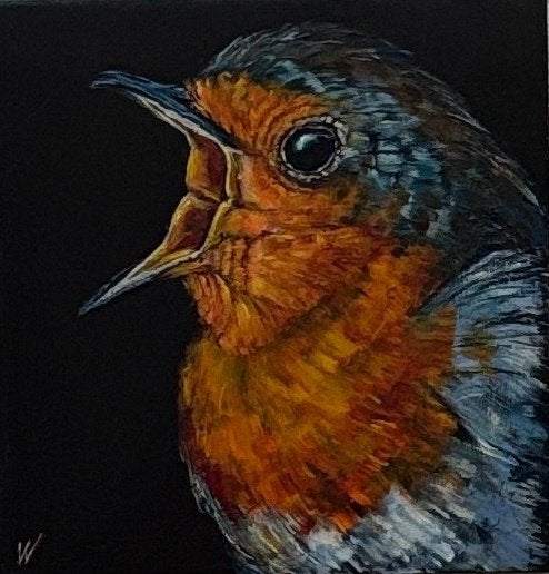 2x schilderij roodborst € 80,00, Acrylverf, Hout, Ophalen of Verzenden, Dieren