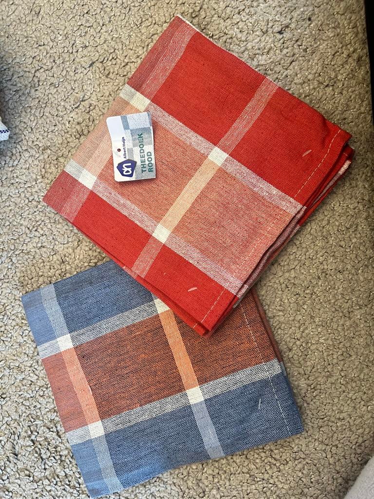 Set van 2 Albert Heijn theedoeken, rood en blauw geruit, Ophalen of Verzenden, Nieuw, Rood, Theedoek of Handdoek