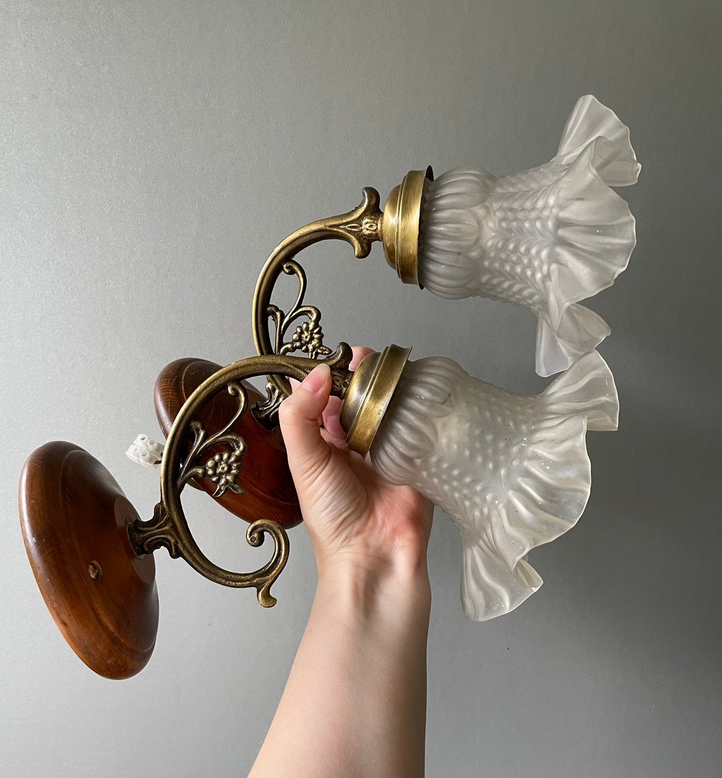 2x Franse Art deco wandlampen met houten details, Ophalen, Zo goed als nieuw, Hout, Wandlamp