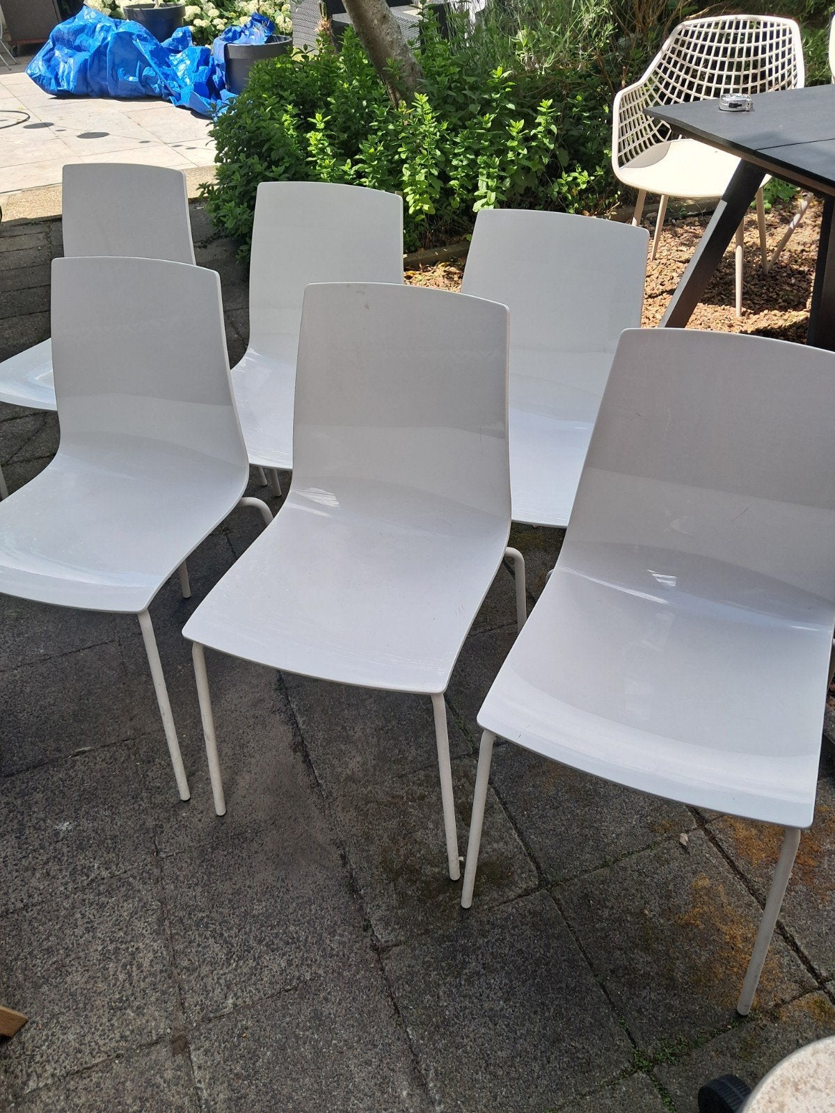 6 hoogglans witte stoelen stapelbaar, Huis en Inrichting, Stoelen, Ophalen, Gebruikt, Wit