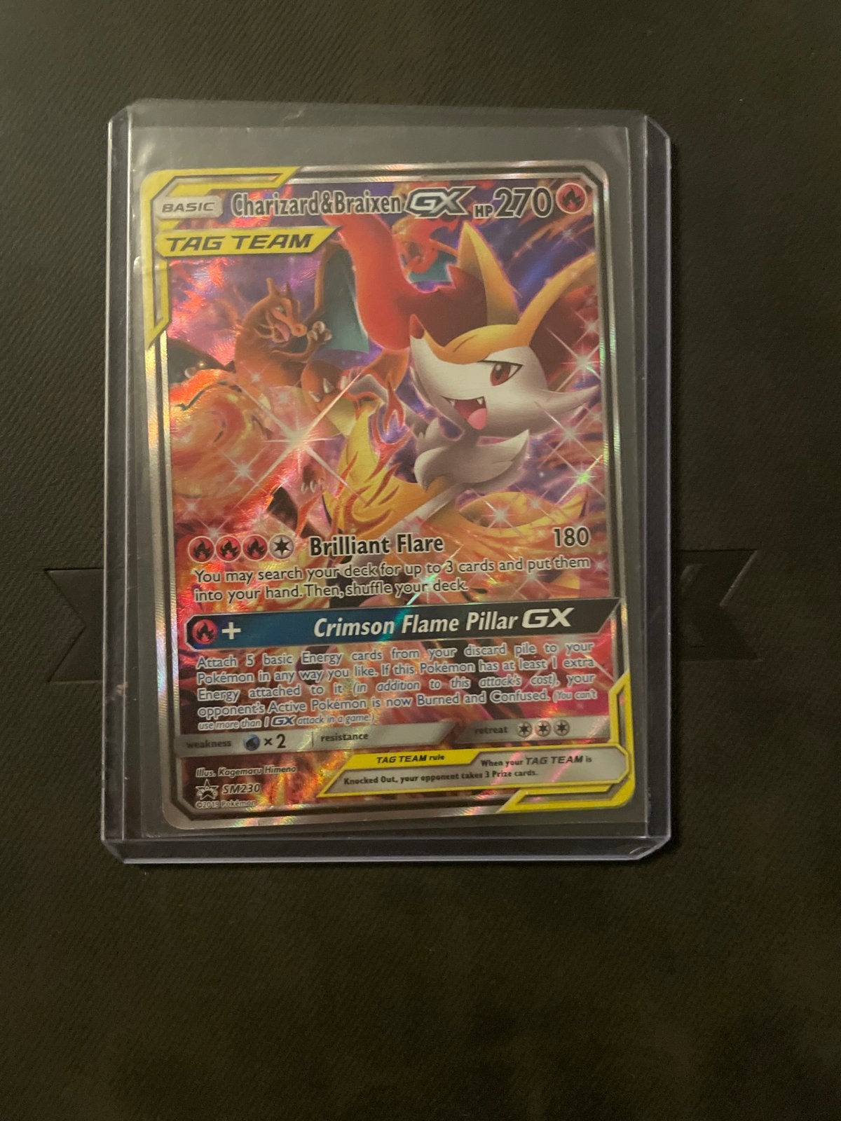 Charizard & Braixen GX Tag Team Pokemon Kaart, Ophalen of Verzenden, Zo goed als nieuw, Losse kaart, Foil