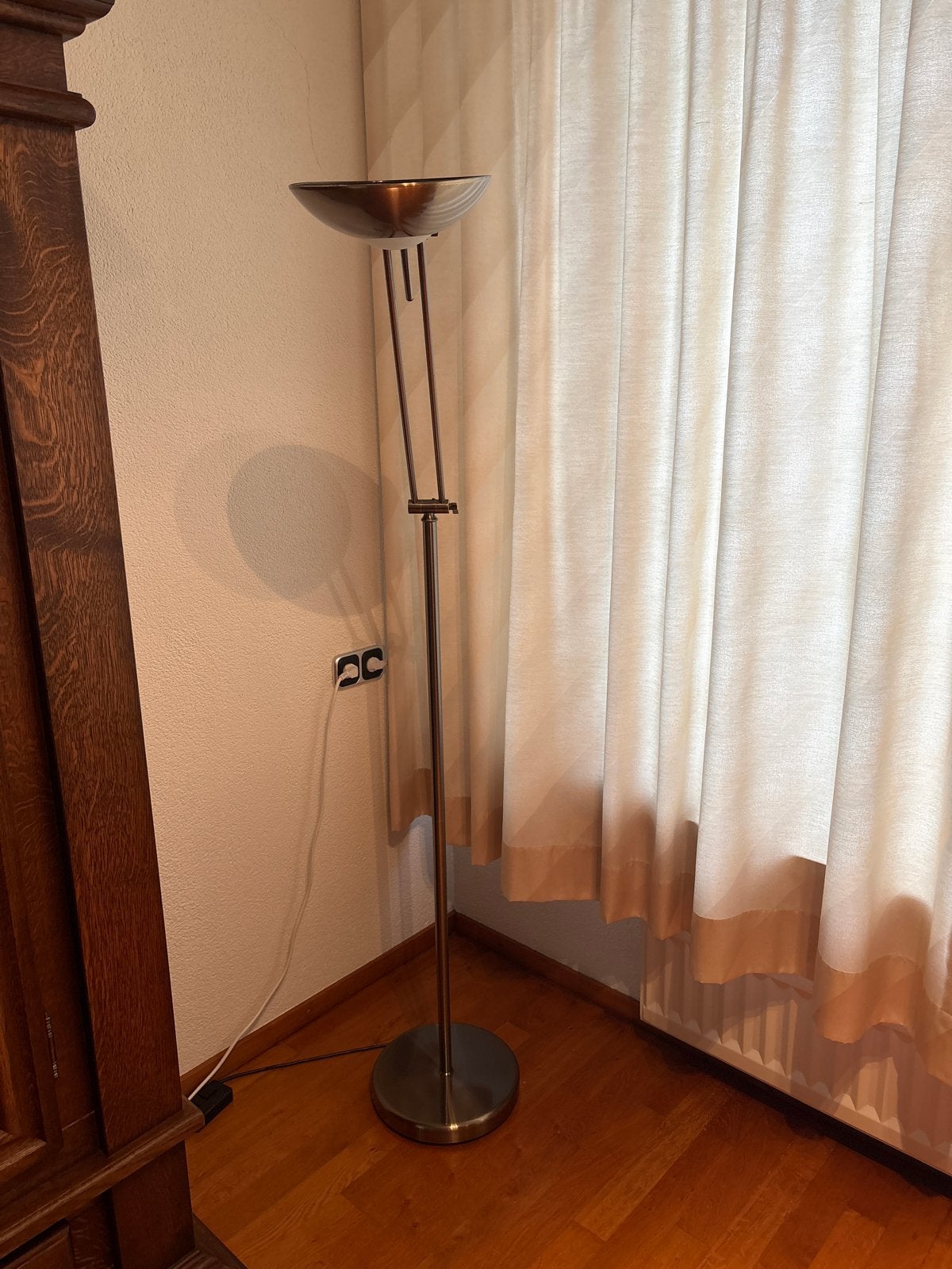 Stijlvolle bronzen vloerlamp met uplight en dimmer, Ophalen, Gebruikt, E27 (groot), Metaal