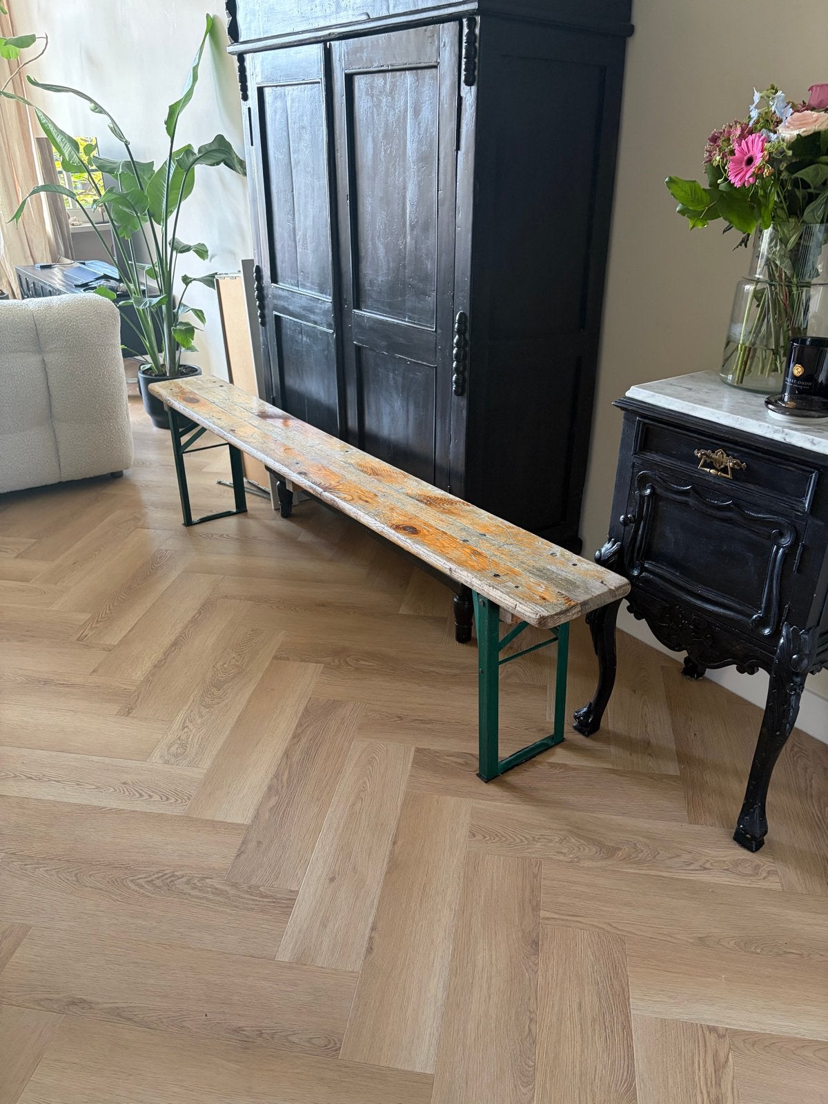 Vintage houten bankje met inklapbare poten, Ophalen of Verzenden