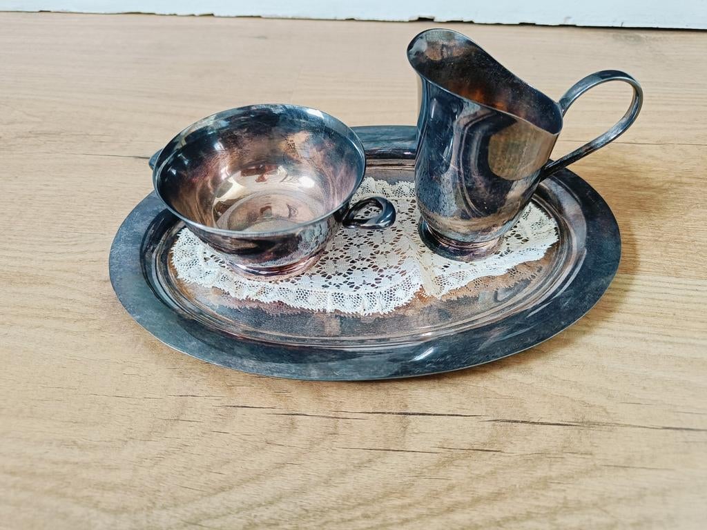 Verzilverd Roomstel met Dienblad - Vintage, Ophalen of Verzenden