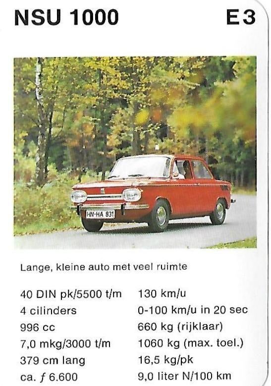 Kw18 autokaartje nsu 1000, Ophalen of Verzenden, Zo goed als nieuw, Auto's