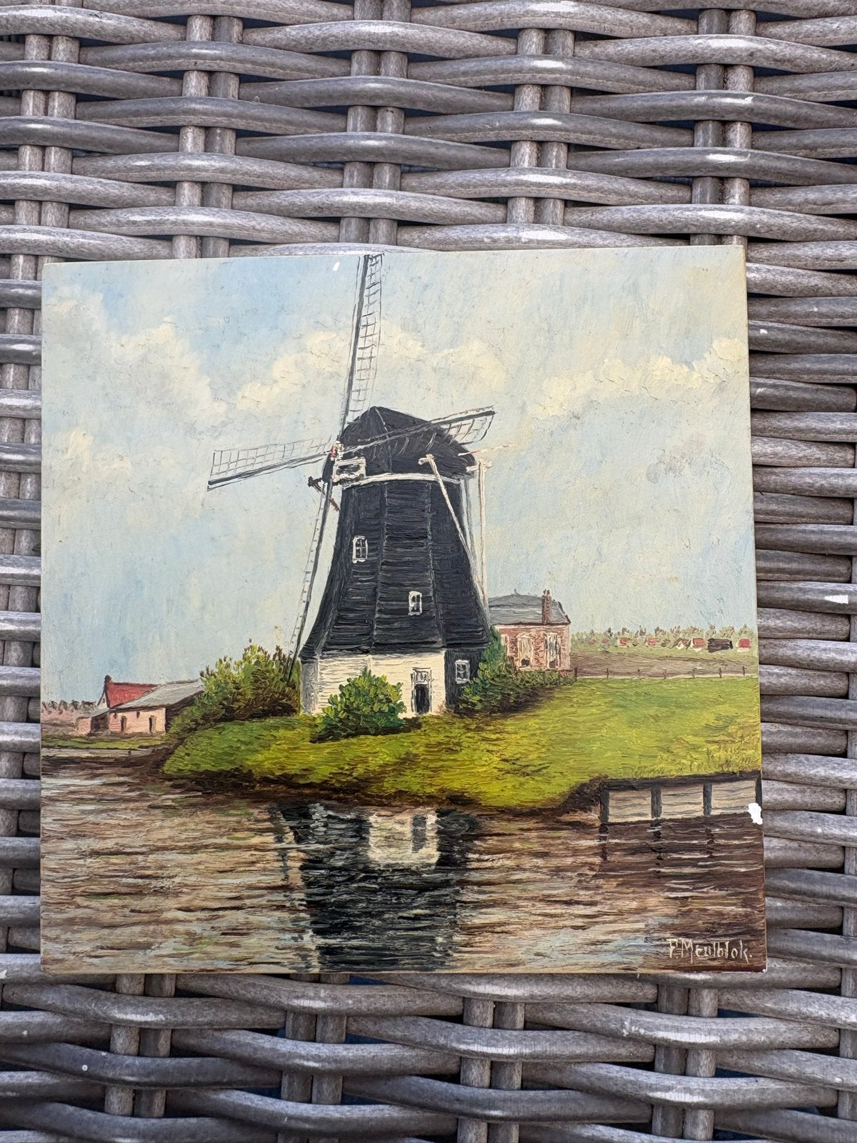 Olieverfschilderij Hollandse Molen Etten-Leur, Paneel, Ophalen of Verzenden, Gesigneerd, Landschap