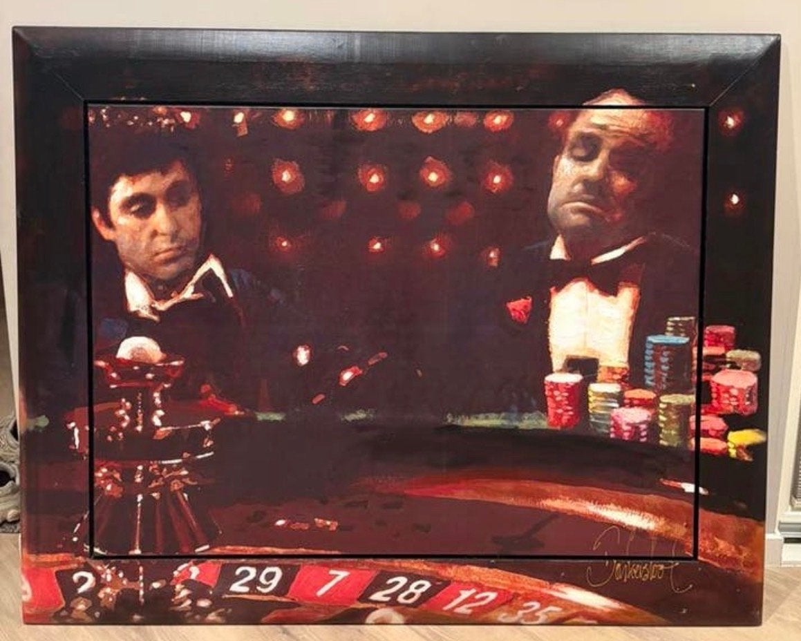 Uniek Schilderij: Scarface & The Godfather aan de Rouletteta, Antiek en Kunst, Film, Hout, Ophalen of Verzenden, Gesigneerd