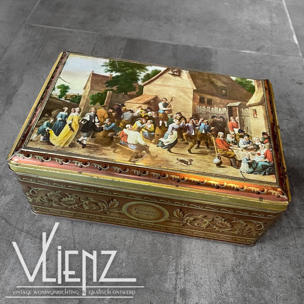 Groot vintage, antiek, retro blik Lutti 'Vlaamse Kermis', Ophalen of Verzenden, Gebruikt, Overige, Overige merken