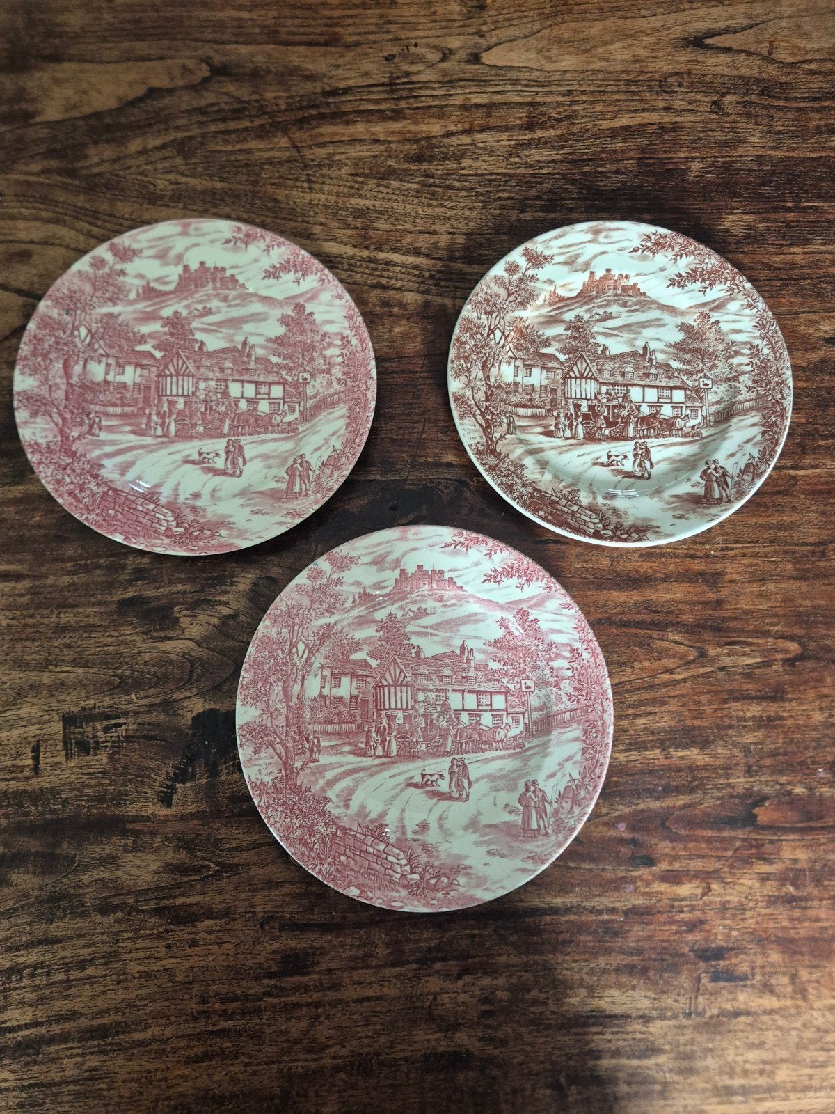 3 Antiek borden broadhurst met landelijk tafereel, rood/brui, Ophalen of Verzenden
