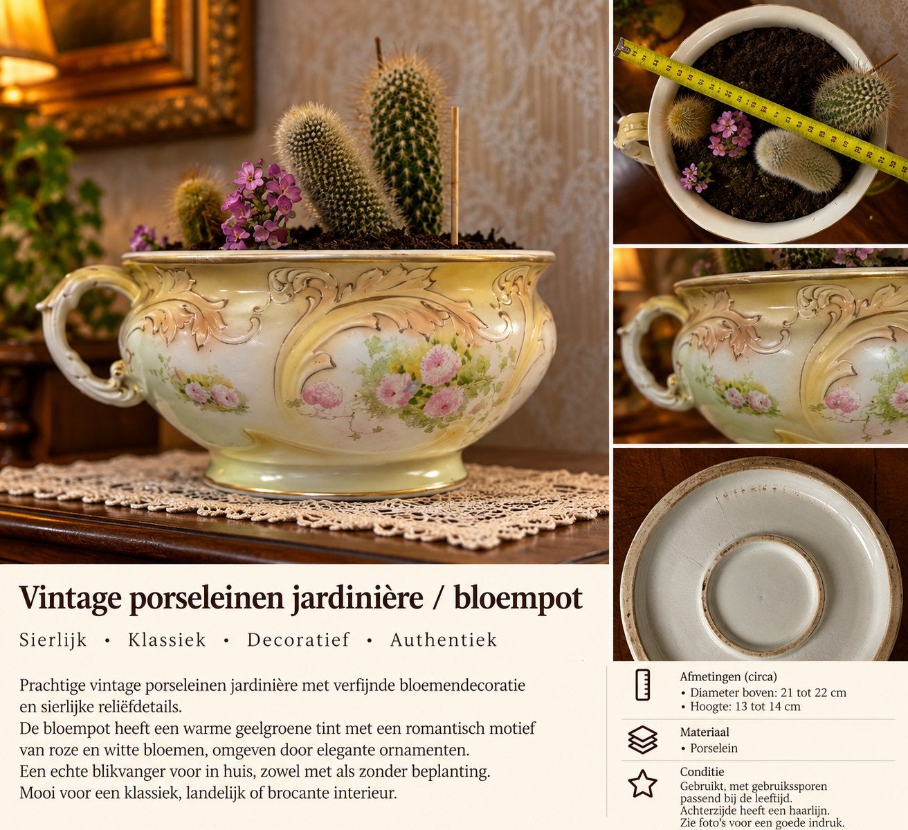 Antieke Sierlijke Porseleinen Jardinière met Cactussen, Ophalen of Verzenden