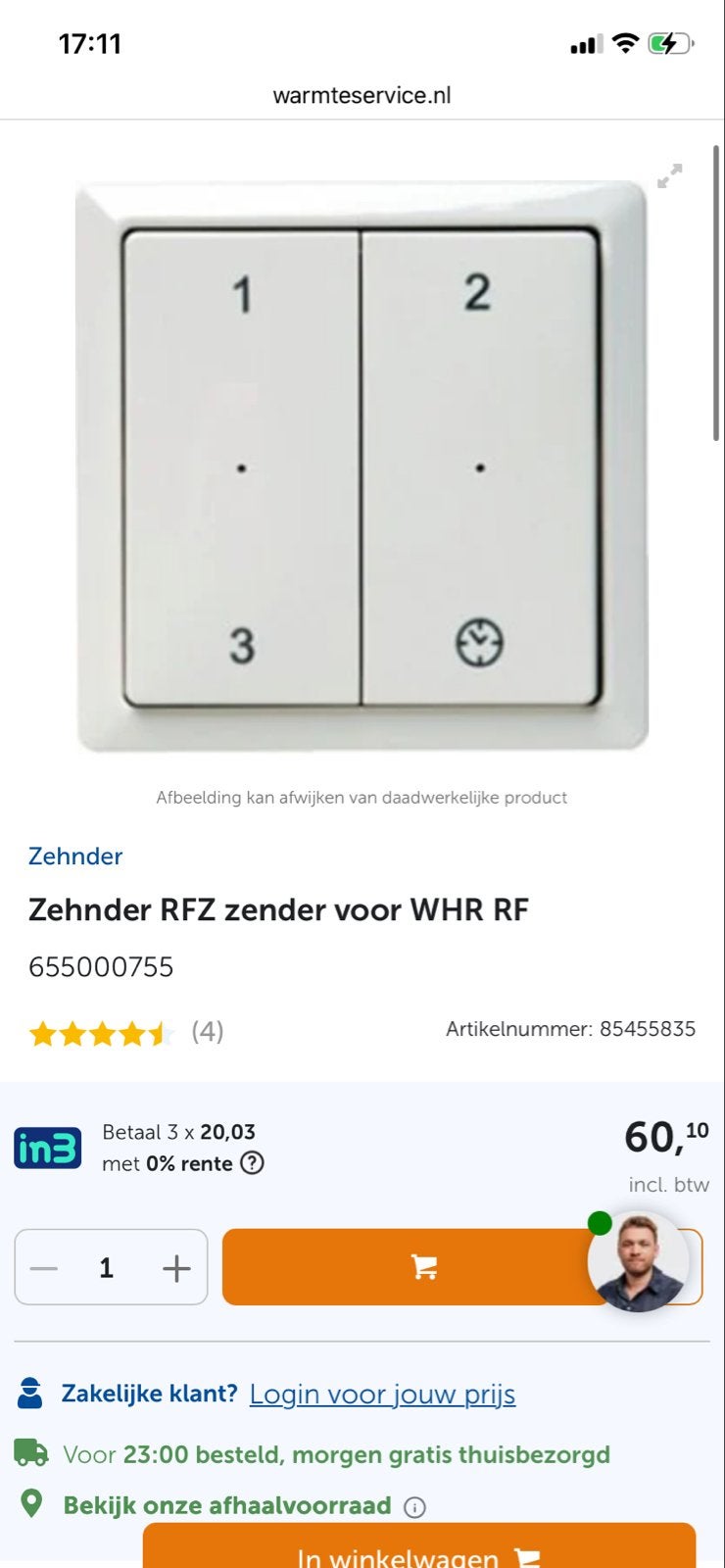 Zehnder RFZ zender voor WHR RF - Draadloze bediening, Verzenden, Nieuw, Schakelaar
