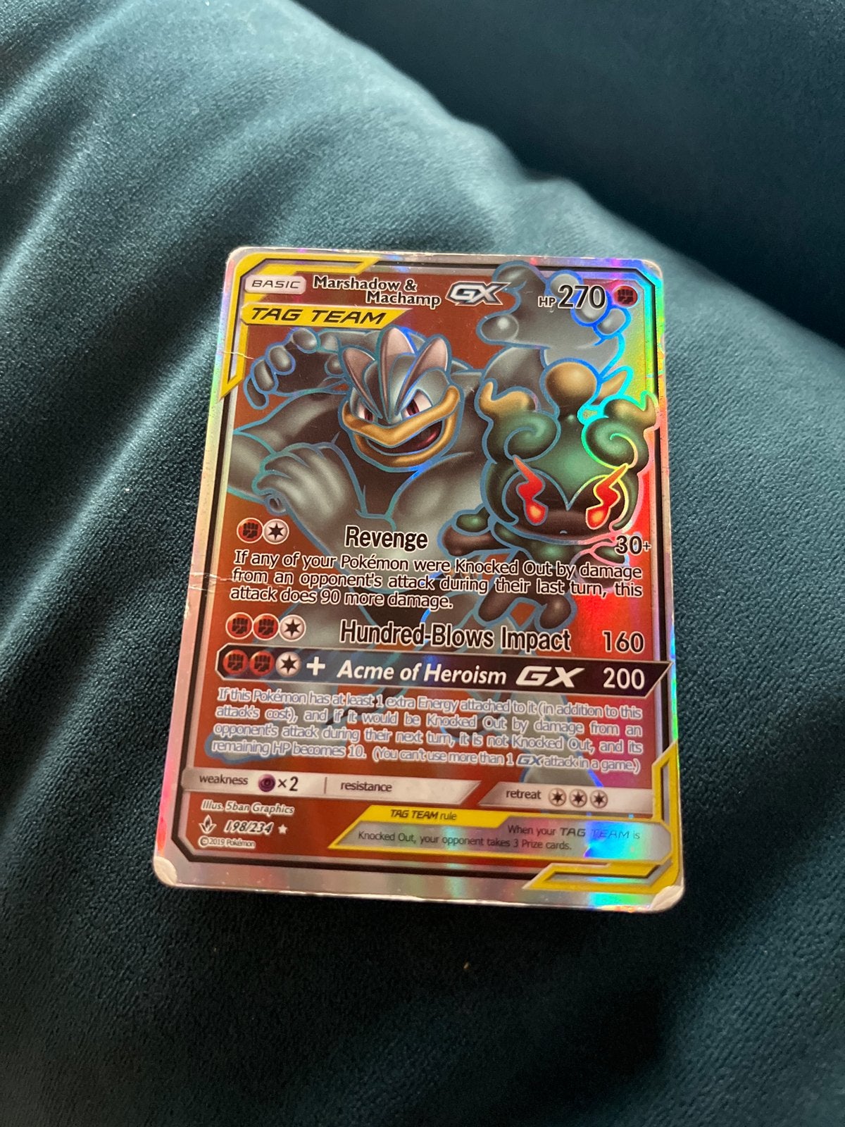 Pokémon Kaart: Marshadow & Machamp GX TAG TEAM, Hobby en Vrije tijd, Ophalen of Verzenden, Gebruikt, Losse kaart, Foil