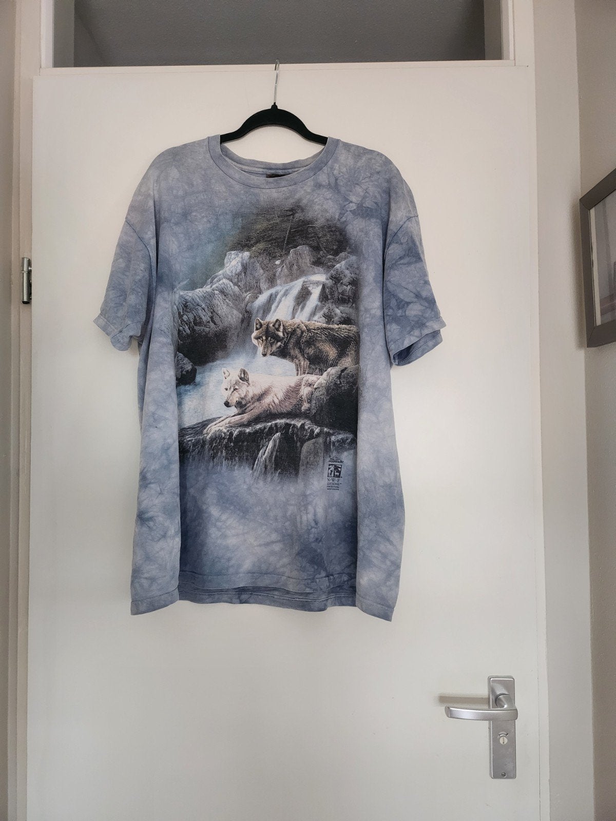 Vintage t-shirt met wolven - ongeveer maat XL zie maten, Blauw, Maat 46/48 (XL) of groter, Ophalen of Verzenden, Korte mouw