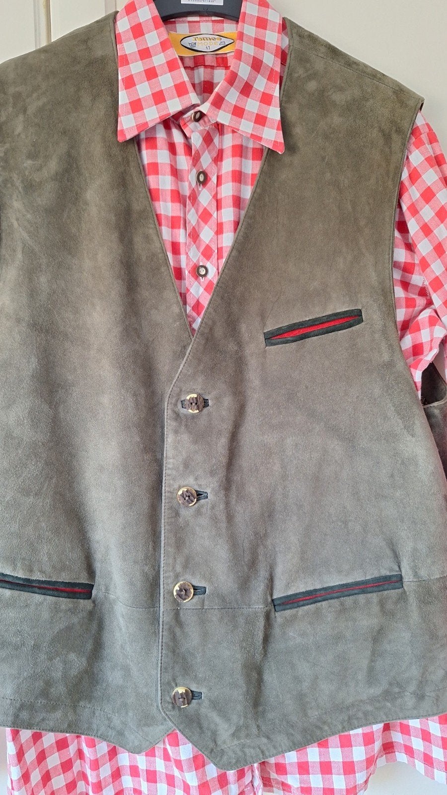 Trachten gilet leer L overhemd oktoberfeest, Ophalen of Verzenden, Gedragen, Maat 52/54 (L), Sanderson