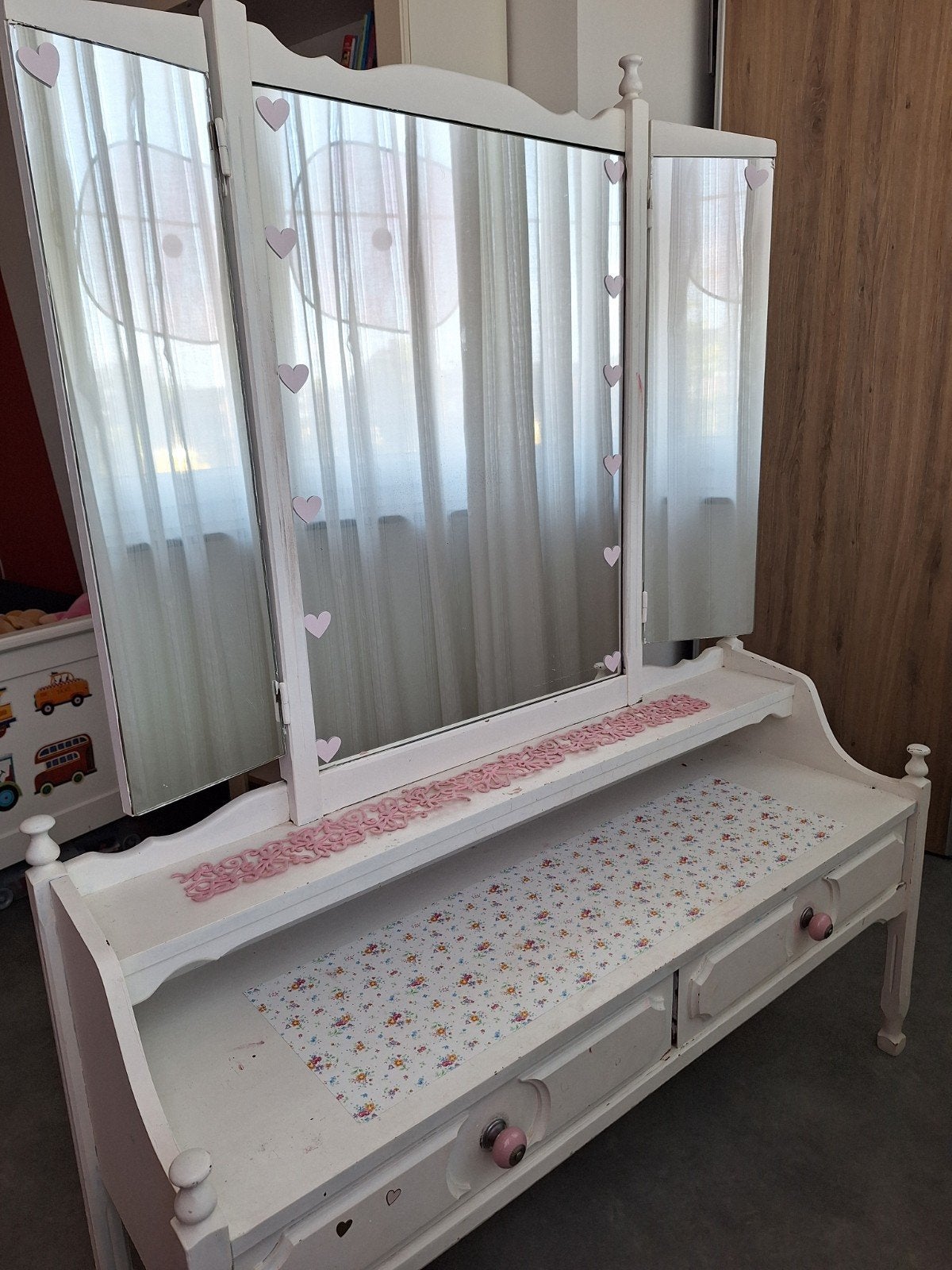 Vintage kaptafel met drieluik spiegel en lades, Huis en Inrichting, Ophalen, Gebruikt, 100 tot 150 cm, 50 tot 100 cm