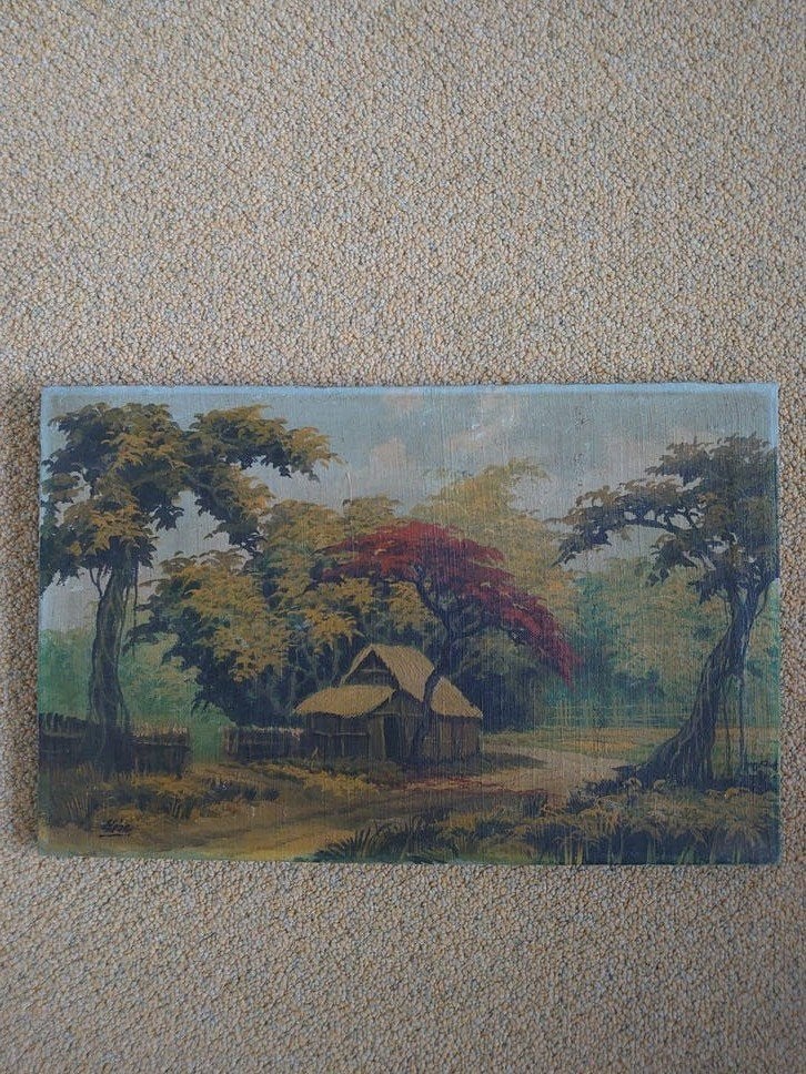 Balinees schilderij/ huisje met Waringin boom/ jaren '40-'50, Antiek en Kunst, Kunst | Schilderijen | Abstract, Ophalen of Verzenden