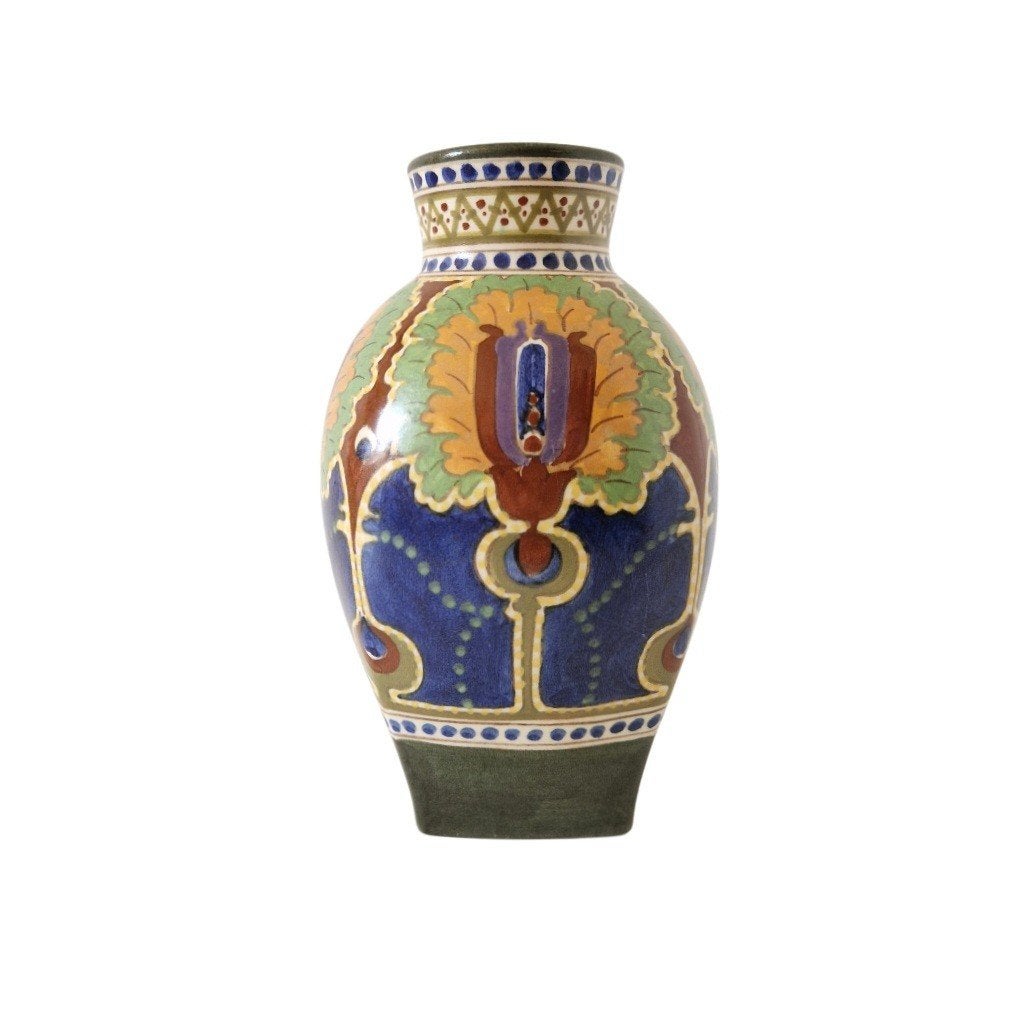 Prachtige Ivora Gouda vaas art deco plateel antieke vaas, Antiek en Kunst, Ophalen of Verzenden