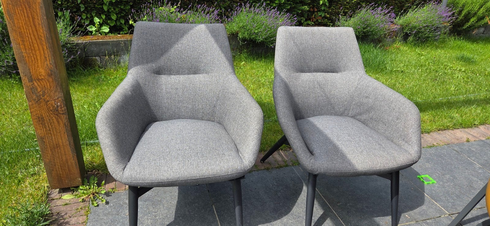 2x Grijze stoffen tuinkamerstoelen met armleuning, Tuin en Terras, Tuinstoelen, Ophalen, Gebruikt