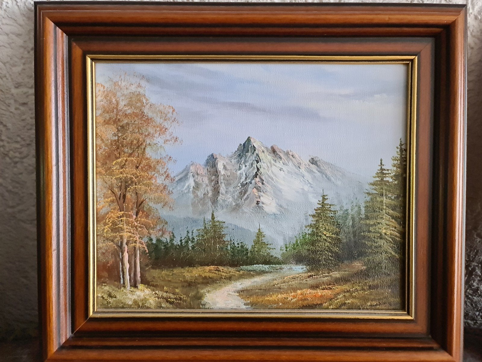Schilderij berglandschap met bomen en pad, ingelijst, Doek, Realistisch, Ophalen of Verzenden, Landschap