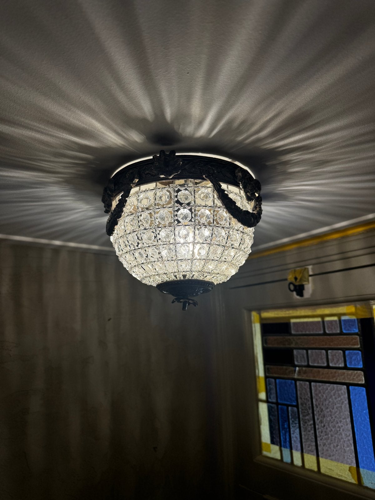 Vintage zilveren kroonluchter / plafondlamp, Ophalen, Minder dan 50 cm, Gebruikt, Glas
