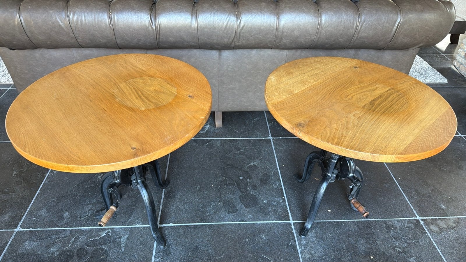 2 Industriële bijzettafels - Eiken & Staal - Verstelbaar, Minder dan 55 cm, Gebruikt, Rond, Hout