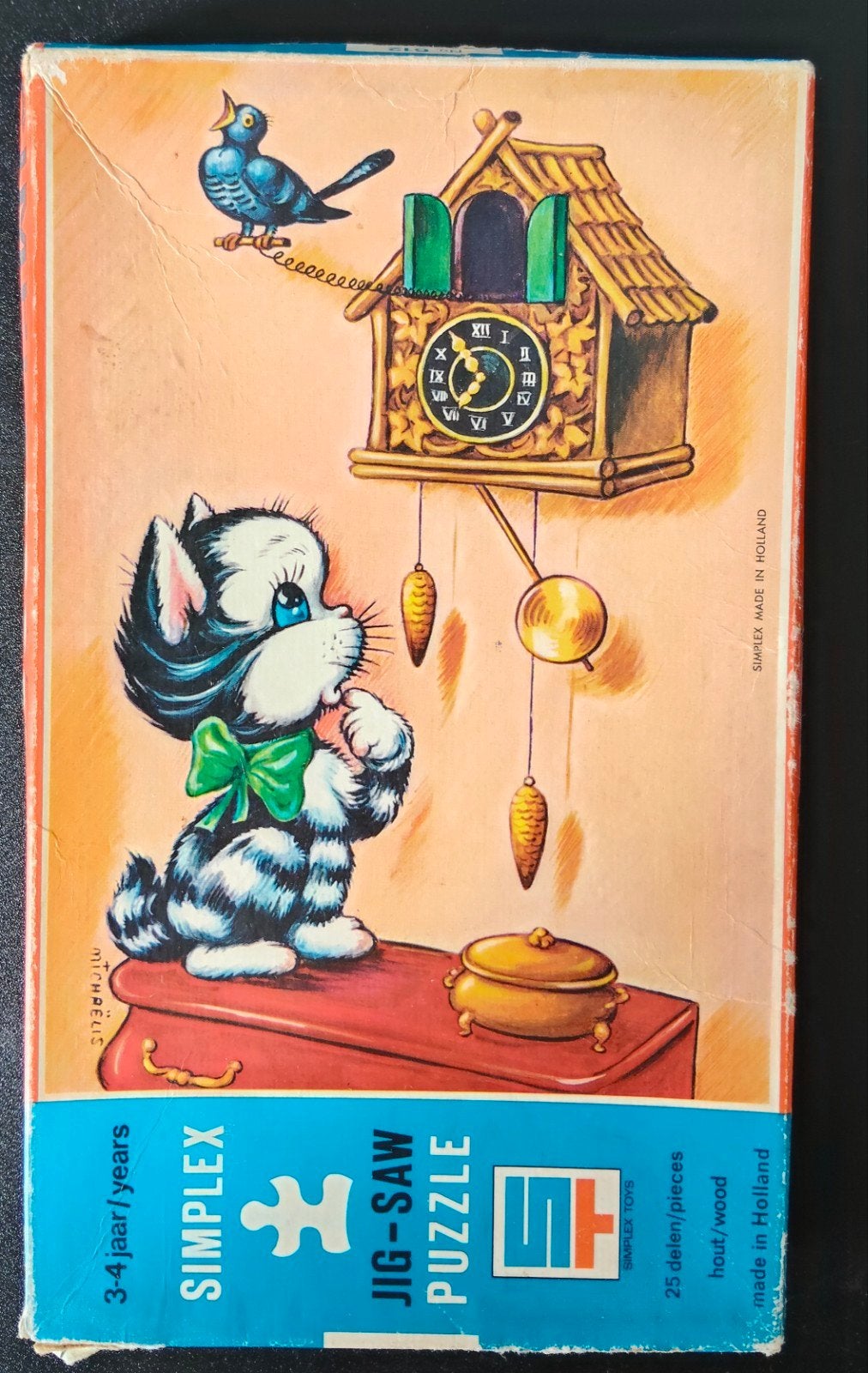 Simplex Vintage Houten Puzzel - Kat en Koekoeksklok, Verzamelen, Ophalen of Verzenden, Gebruikt