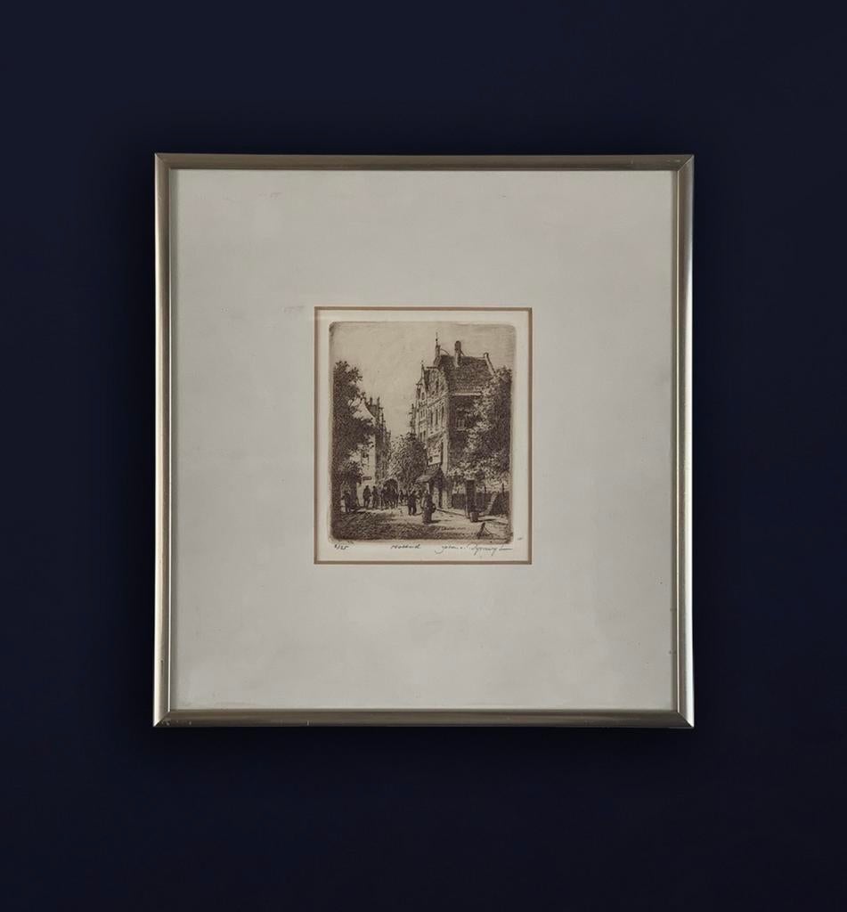 Ets Johan van Rijsewijk, Hollands Straatje, Ingelijst, Antiek en Kunst, Kunst | Etsen en Gravures, Ophalen of Verzenden