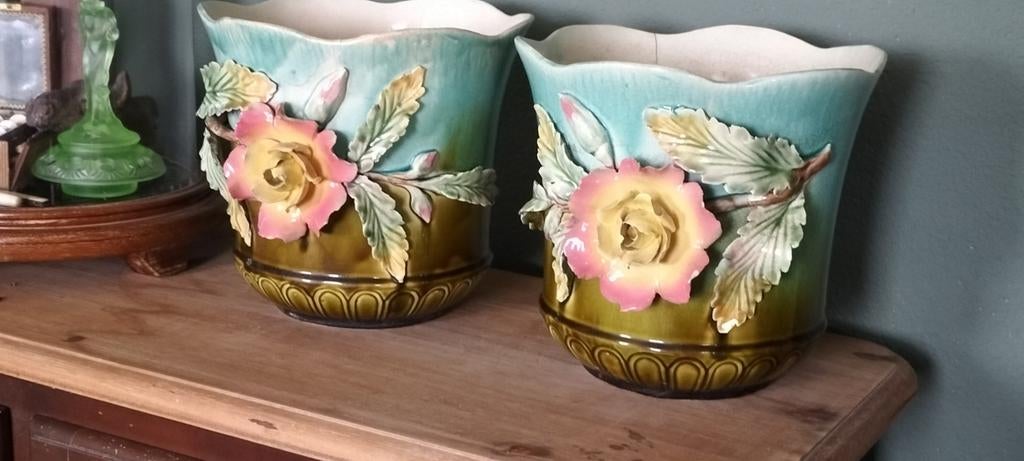 Art nouveau majolica barbotine cache bloempotten antiek oud, Ophalen