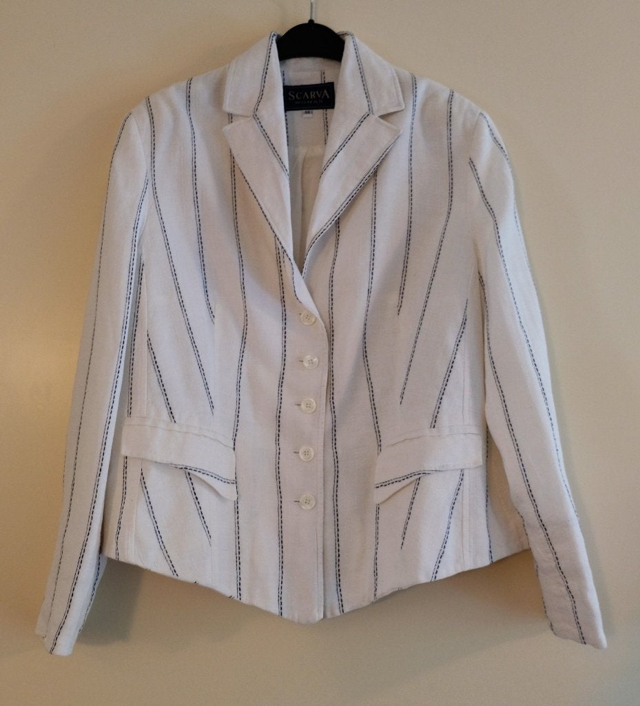 Scarva blazer jasje linnen wit + krijtstreep blauw mt 46, Ophalen, Scarva, Wit, Maat 46/48 (XL) of groter