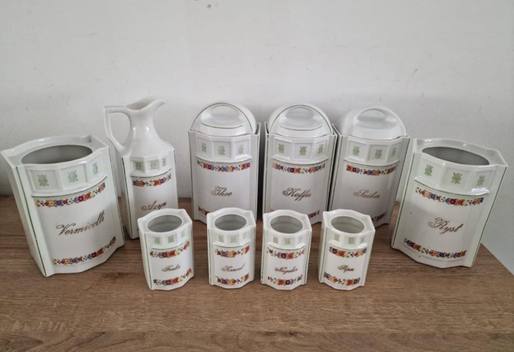 Vintage voorraadpotten set - 10 stuks met bloemmotief, Antiek en Kunst, Ophalen of Verzenden