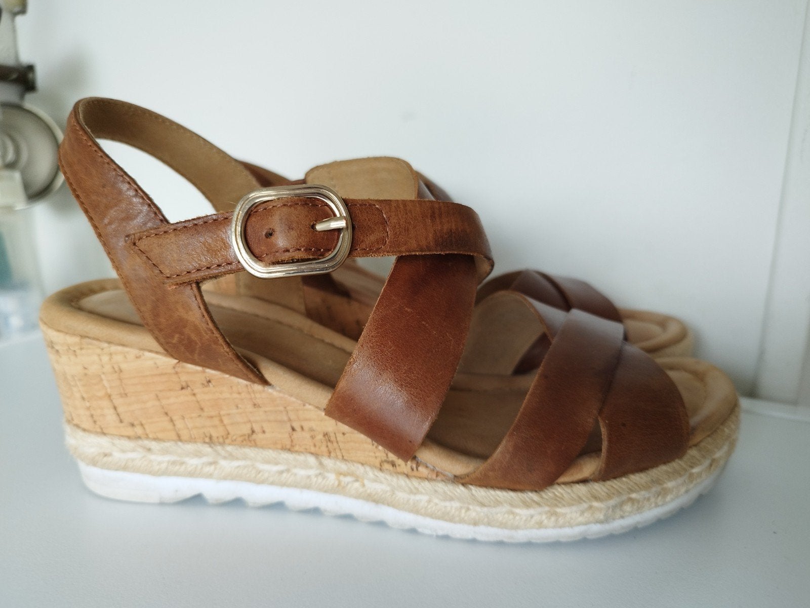 Gabor kurk sleehak sandalen 6,5 40 Cognac bruin, Bruin, Verzenden, Gabor, Sandalen of Muiltjes