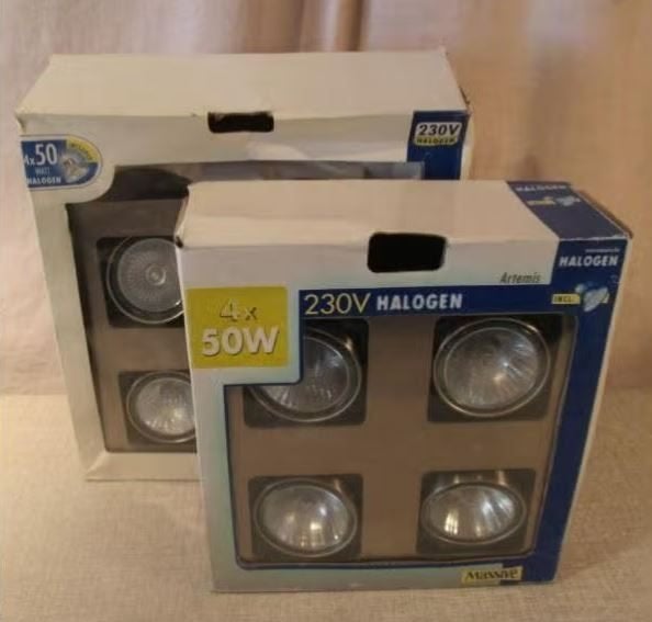 2 Metalen Plafondlampen met 4 halogeen spots - Nieuw, Ophalen of Verzenden, Nieuw, Metaal, Plafondspot