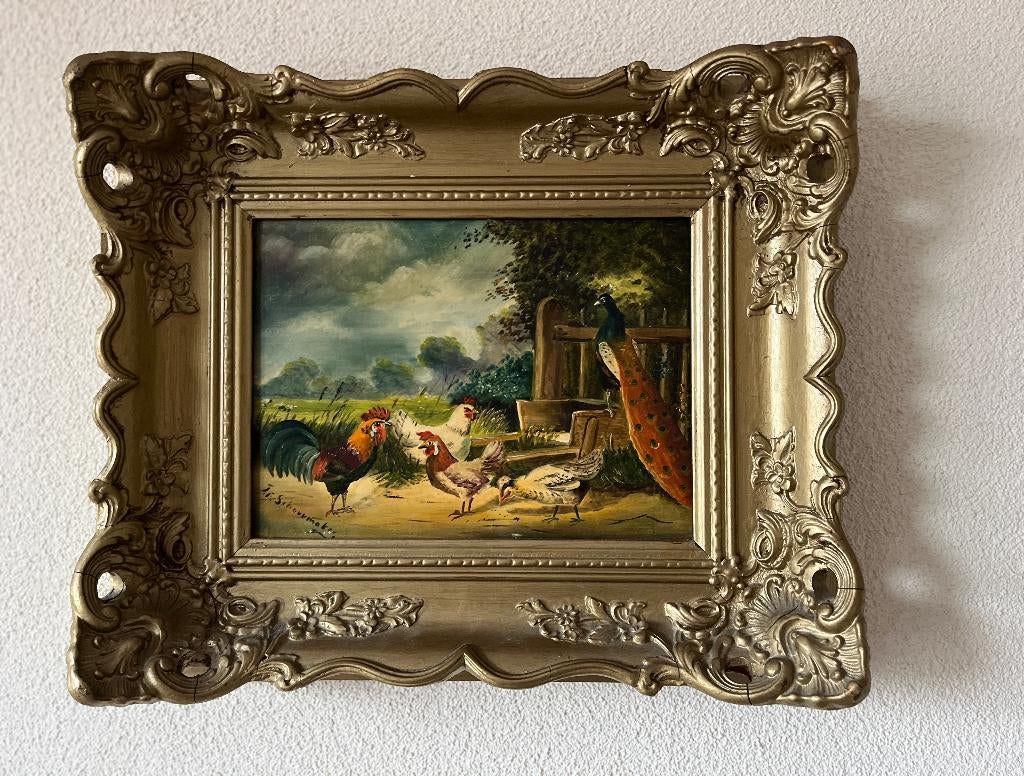Schilderij kippen en een pauw op paneel., Ophalen of Verzenden