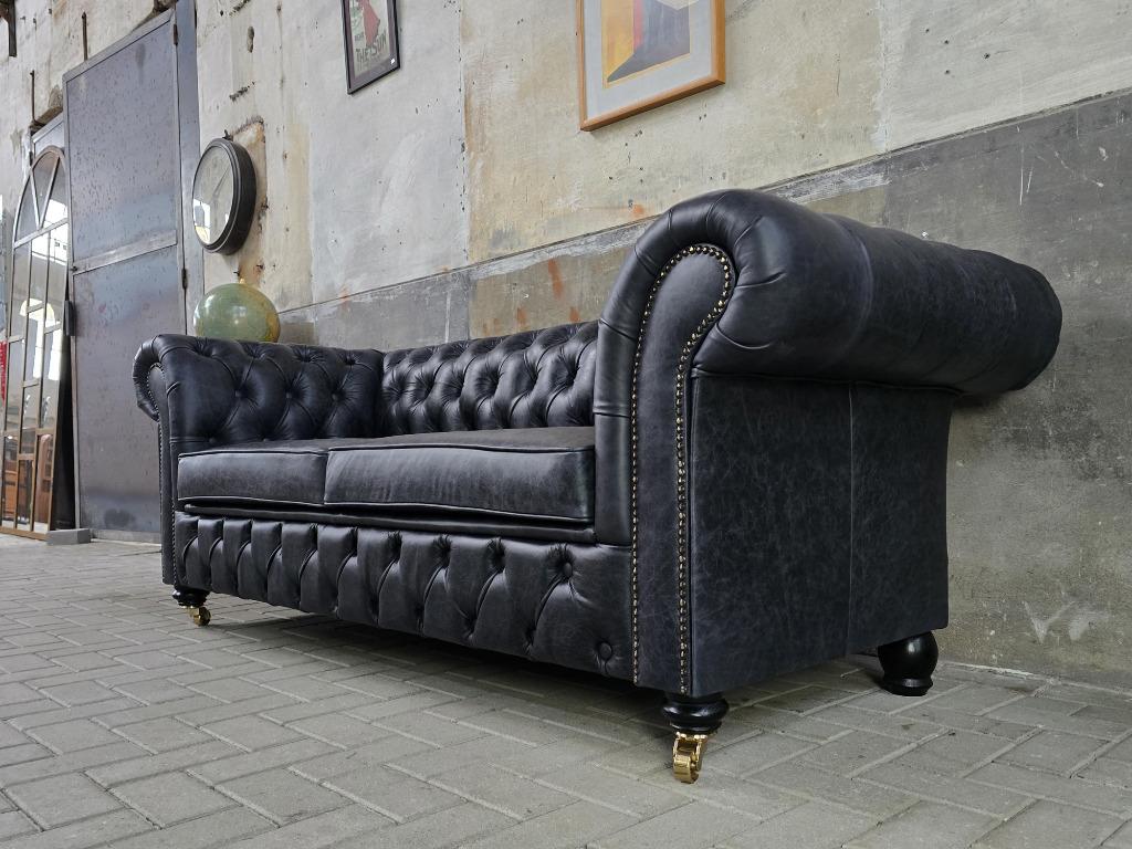 Nieuwe Leren Chesterfield Bank | Drie Persoons Zwart Leder, Metaal, 75 tot 100 cm, Ophalen of Verzenden, Rechte bank
