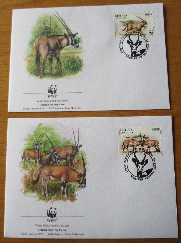 Oost-Afrikaanse Spiesbok, WWF serie FDC's Eritrea, 1996, Verzenden, Gestempeld, Dier of Natuur