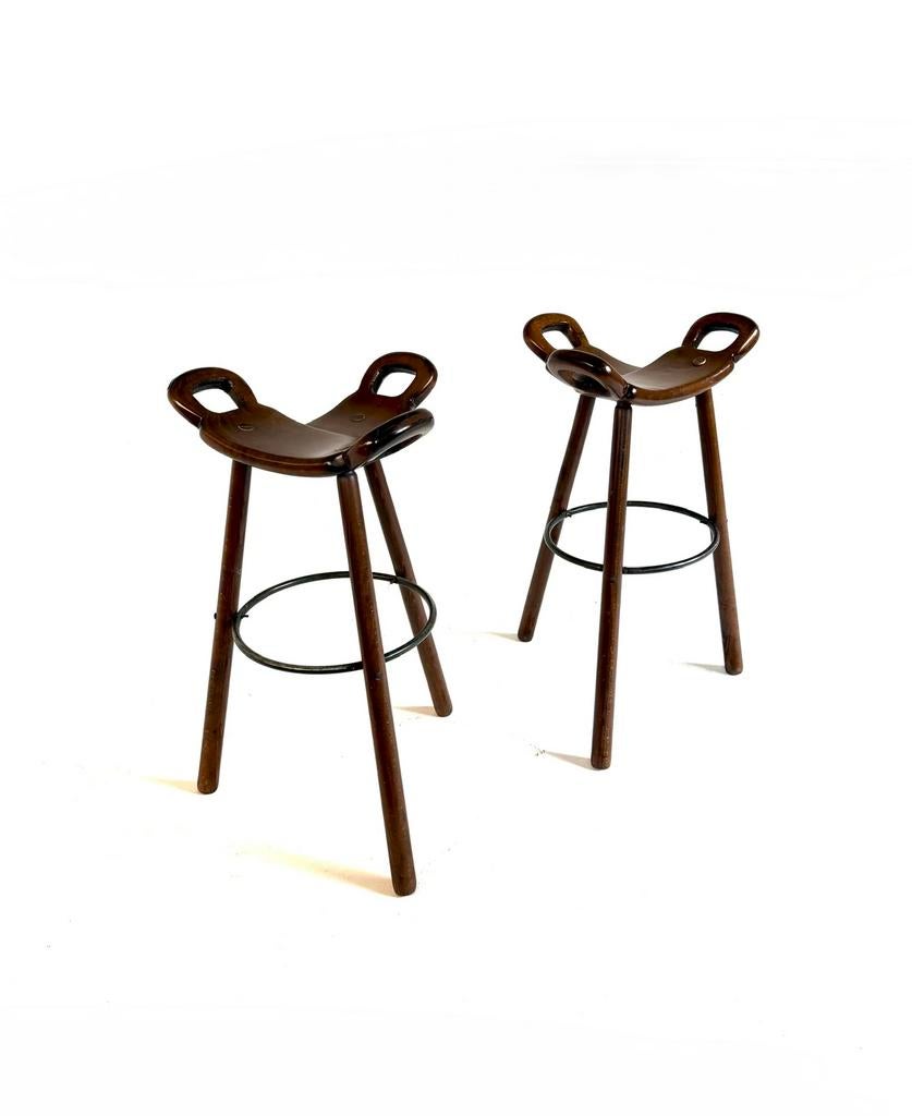 Set van 2 brutalistische ‘Marbella’ barkrukken ‘60, Met voetsteun, 60 tot 90 cm, Ophalen of Verzenden, Zo goed als nieuw