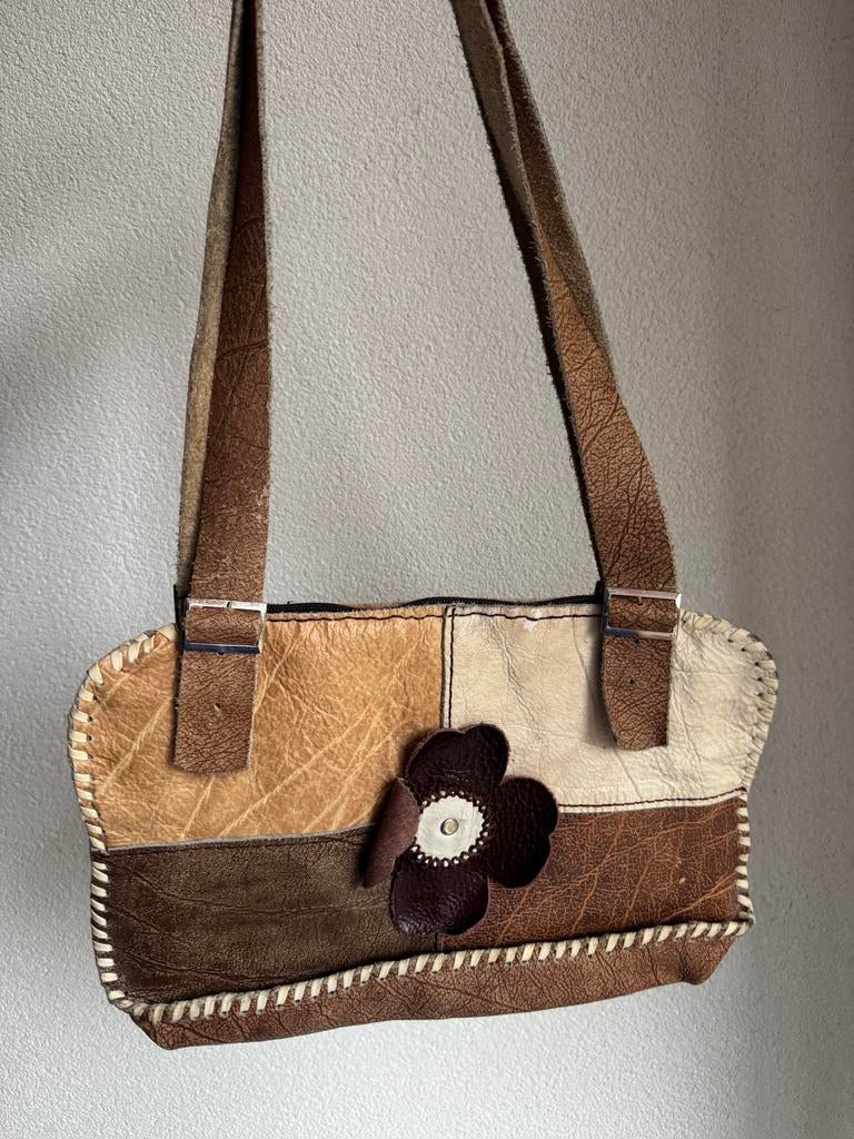 Vintage Y2K bruine leren patchwork print schouder tas, Sieraden, Tassen en Uiterlijk, Tassen | Damestassen, Vintage, Bruin, Schoudertasje