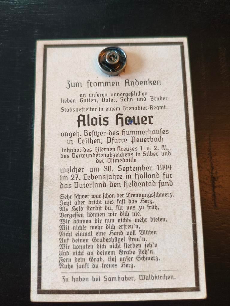 Bidprent WOII Alois Hauer gesneuveld NL, Ophalen of Verzenden