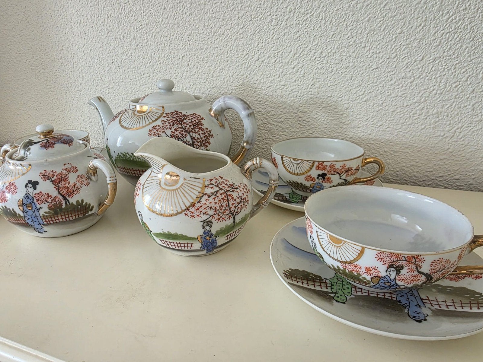 Vintage Japans theeservies met geisha en kersenbloesem, Ophalen