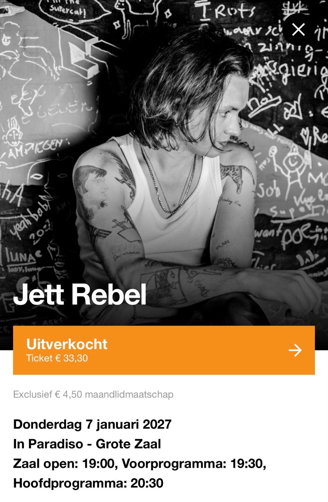 2 tickets + verplicht maandlidmaatschap Jett Rebel Paradiso, Tickets en Kaartjes, Twee personen, Januari