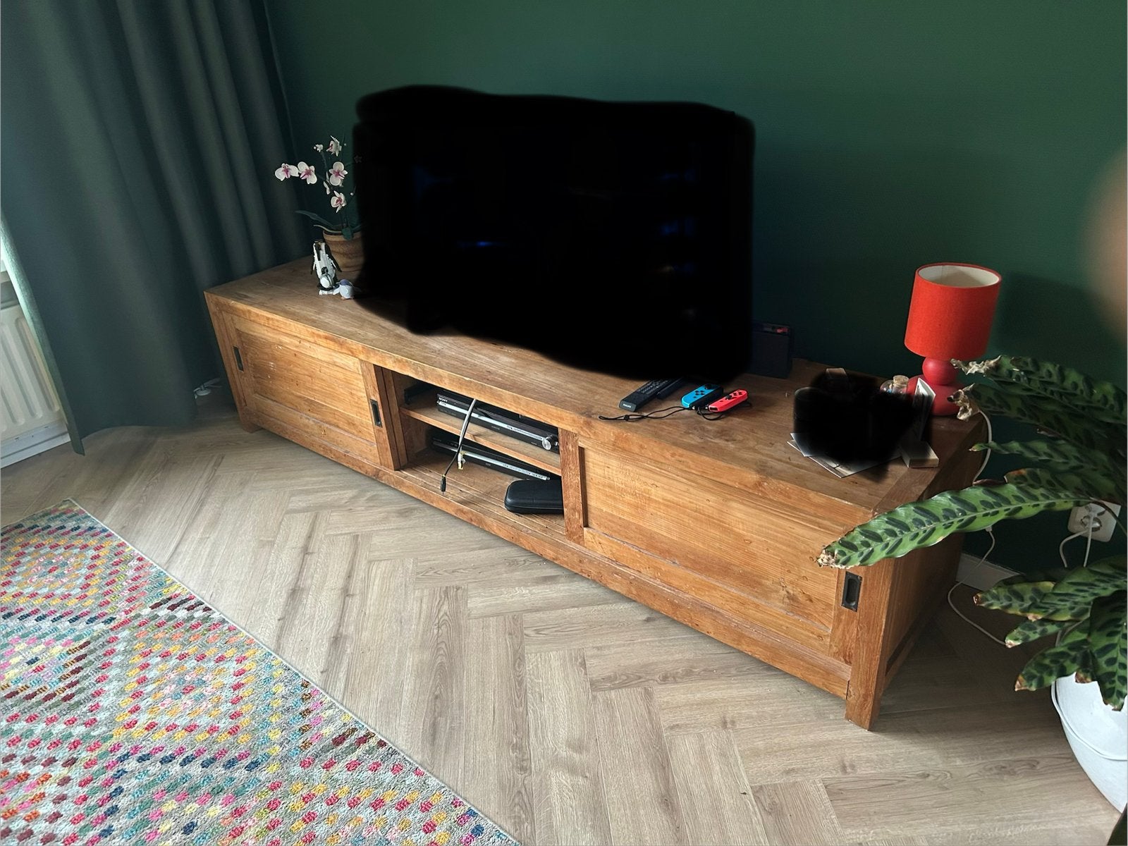 Tv meubel, Teakhout, Ophalen of Verzenden, Zo goed als nieuw, 200 cm of meer
