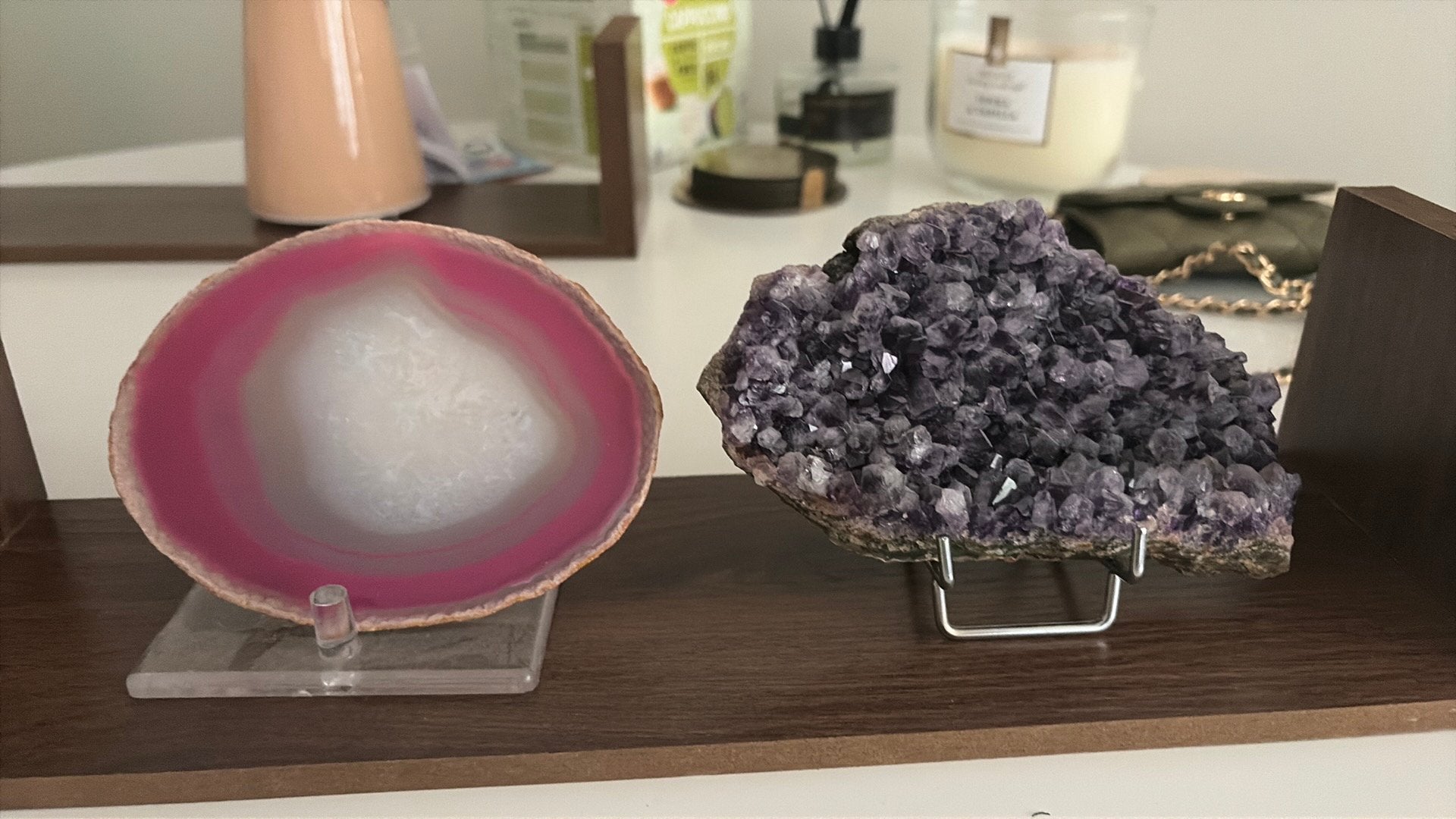Amethist cluster + paarse agaatschijf decoratie, Huis en Inrichting, Woonaccessoires | Dienbladen, Ophalen, Zo goed als nieuw