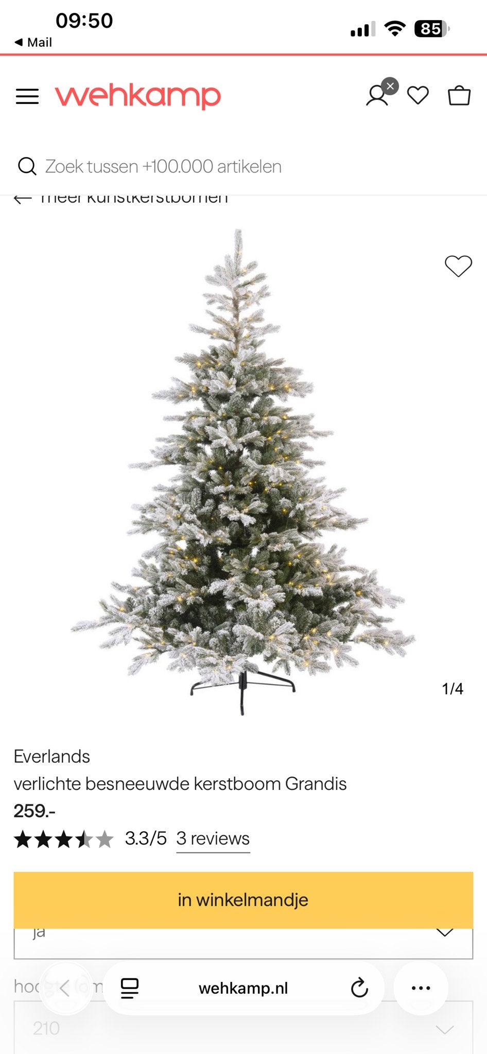 Everlands verlichte besneeuwde kunstkerstboom Grandis, Diversen, Ophalen, Zo goed als nieuw
