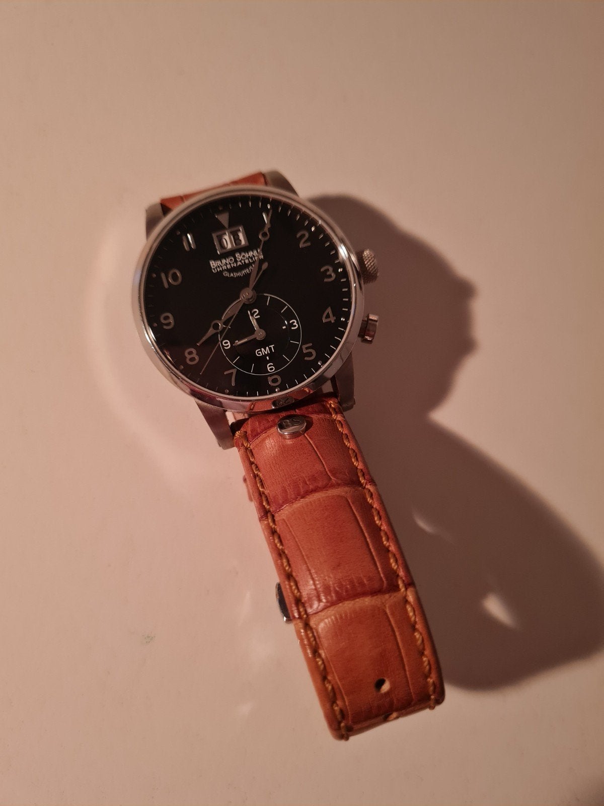 Bruno Söhnle Glashütte GMT horloge met leren band, Overige merken, Staal, Polshorloge, Ophalen of Verzenden